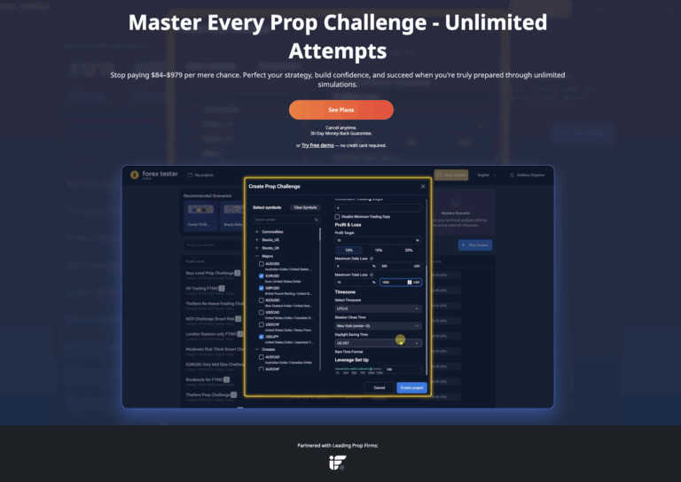 Forex Tester Online prop challenge simulator interface