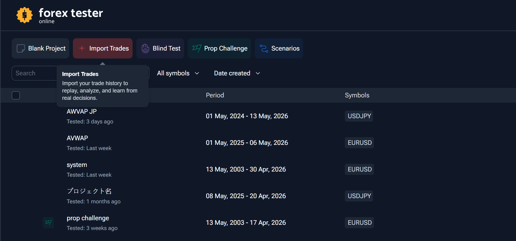 Forex Tester Online Analytics section with Import Trade History button highlighted