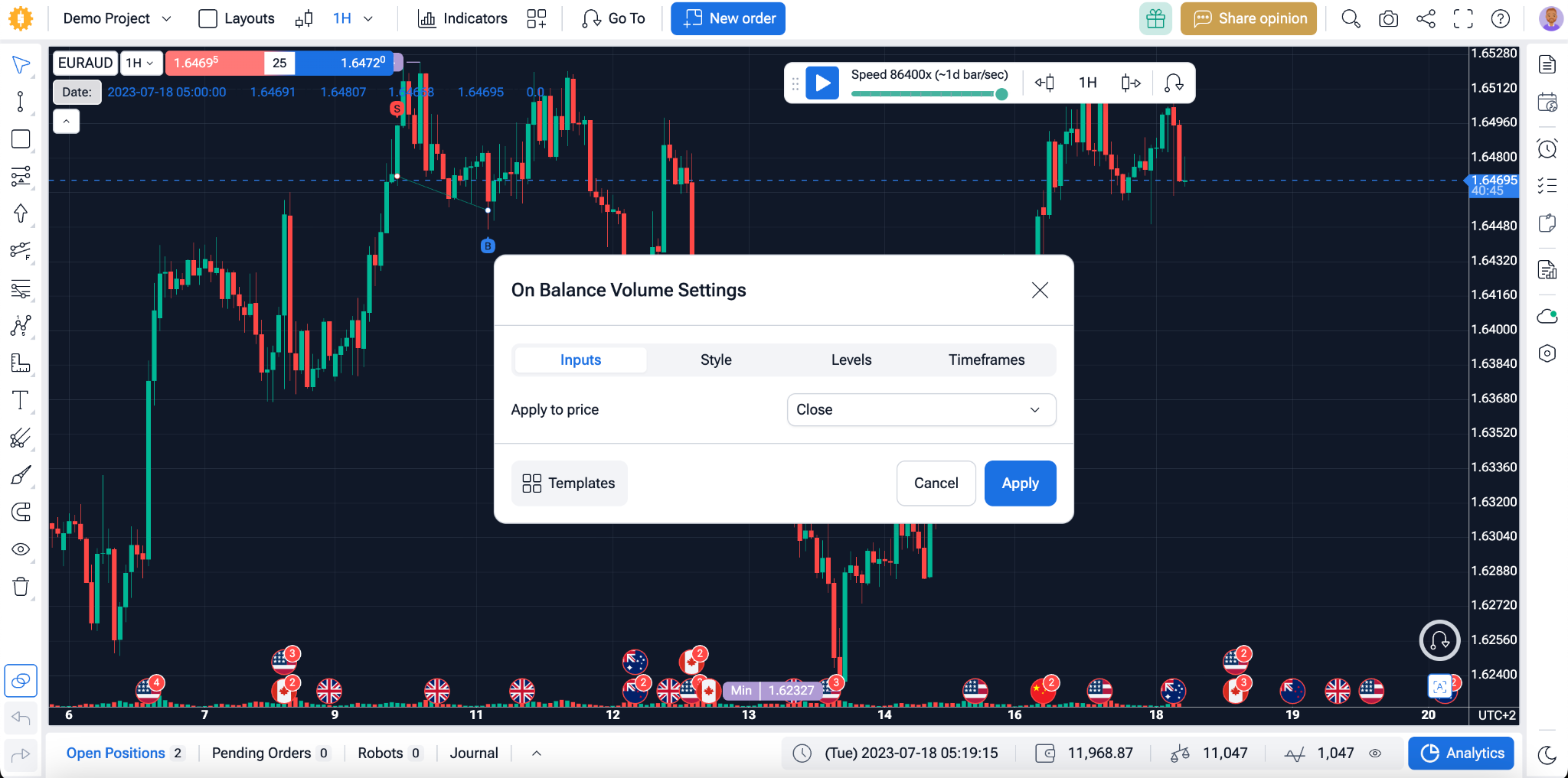 OBV indicator’s settings in Forex Tester Online OBV
