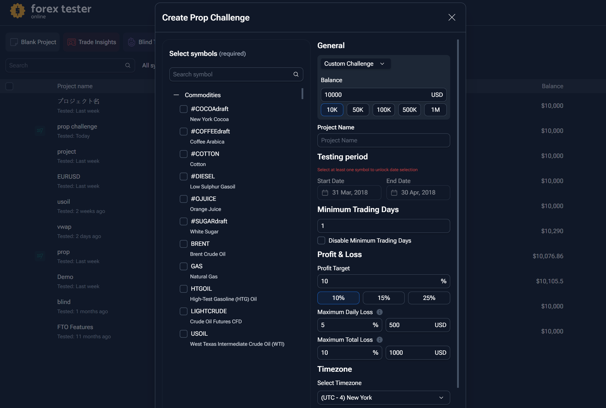 Configuring a prop firm challenge simulation in Forex Tester Online: enter your target firm's exact parameters Forex Tester Online Custom Prop Challenge setup screen with profit target, daily drawdown, and total drawdown fields
