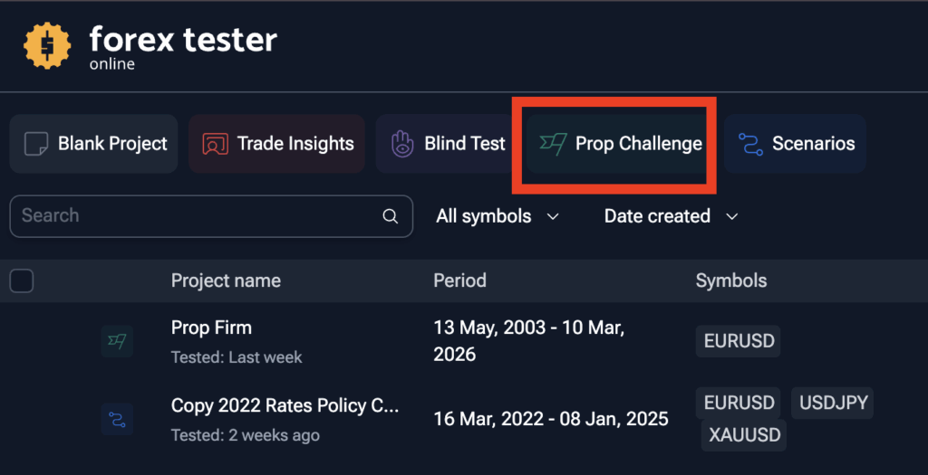 Navigating to the Custom Challenge mode in Forex Tester Online Forex Tester Online dashboard showing the Prop Challenge tab for custom prop firm simulation setup