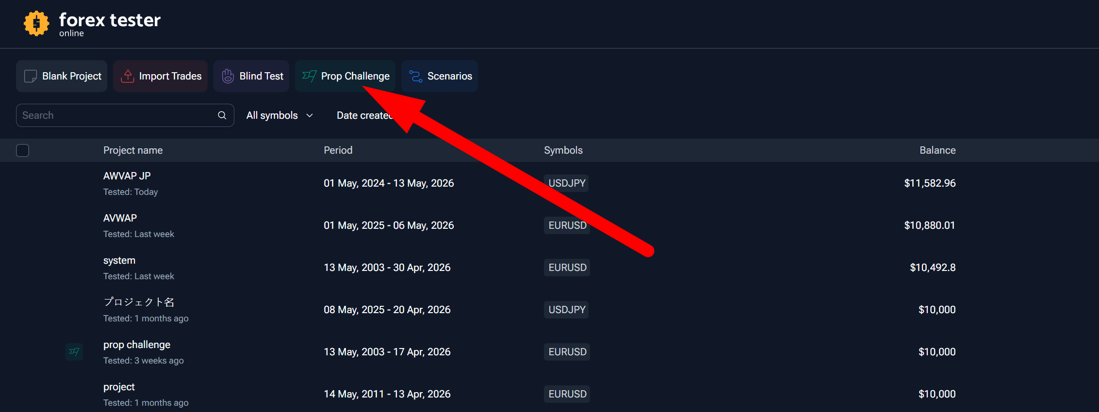 Forex Tester Online interface with Prop Challenge button highlighted showing where to start a prop firm simulation 