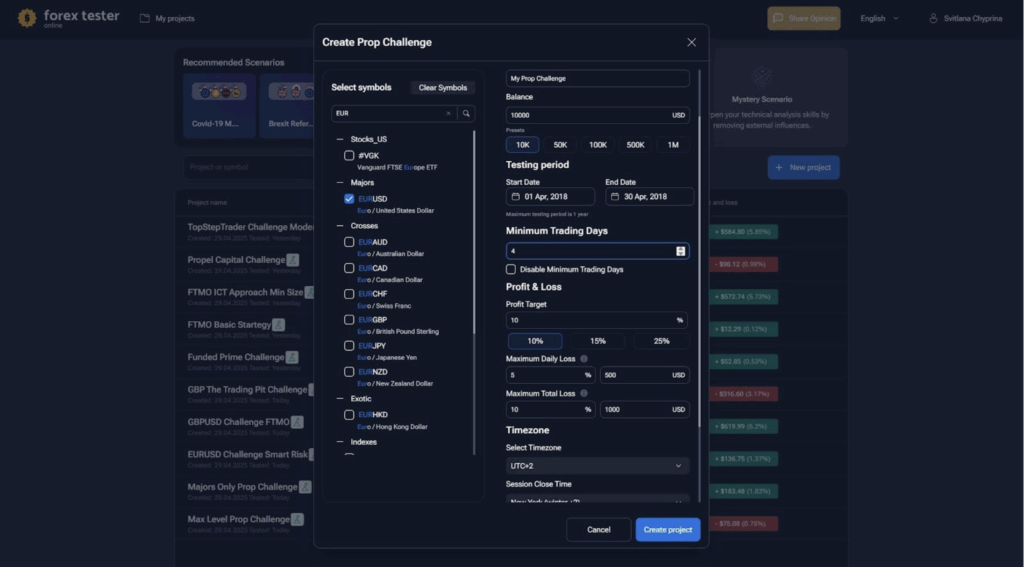 Configuring evaluation parameters in FTO to mirror a real prop firm challenge Prop challenge configuration screen in Forex Tester Online with profit target and drawdown fields