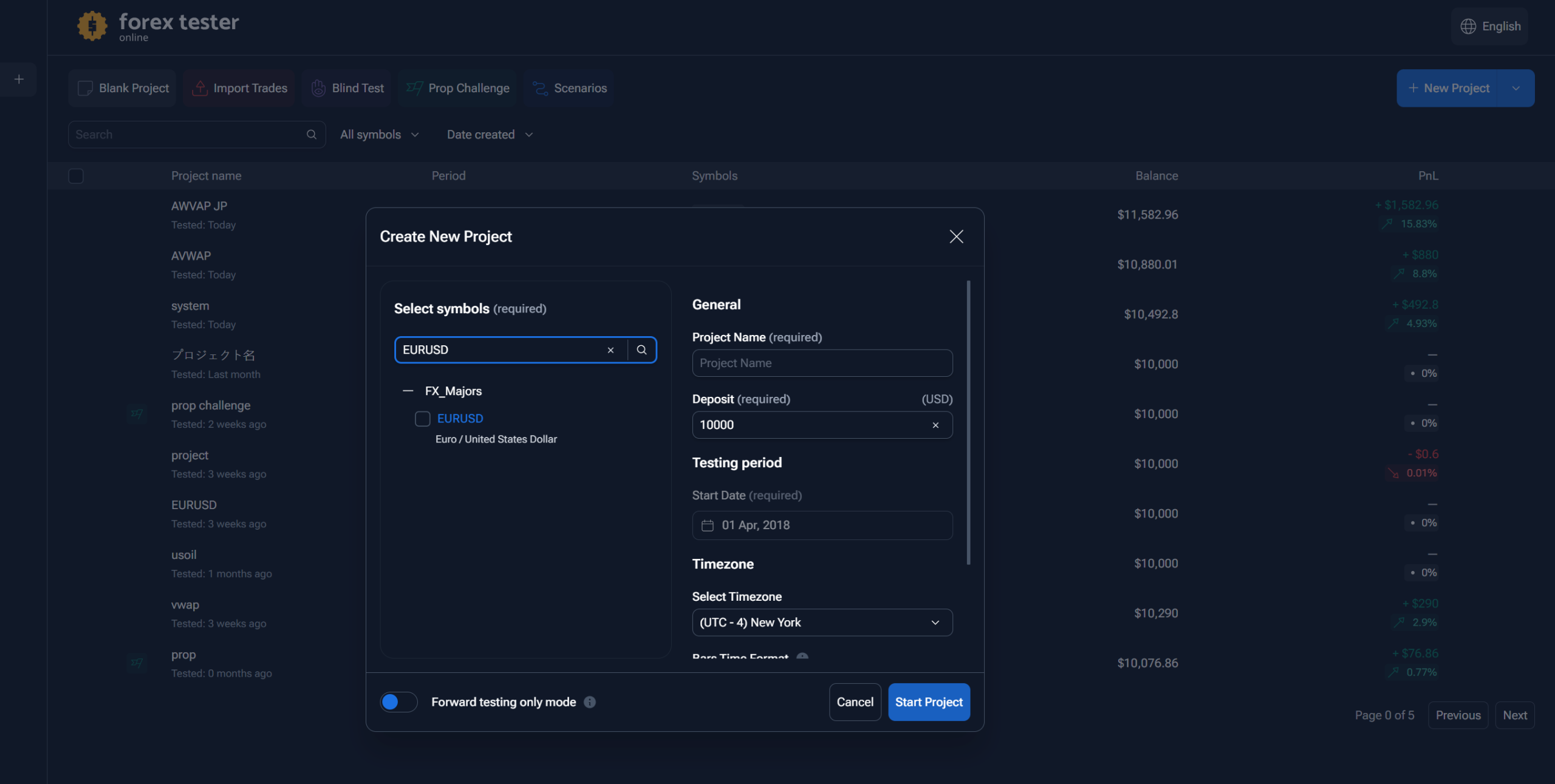  Forex Tester Online new project setup — selecting instrument and date range