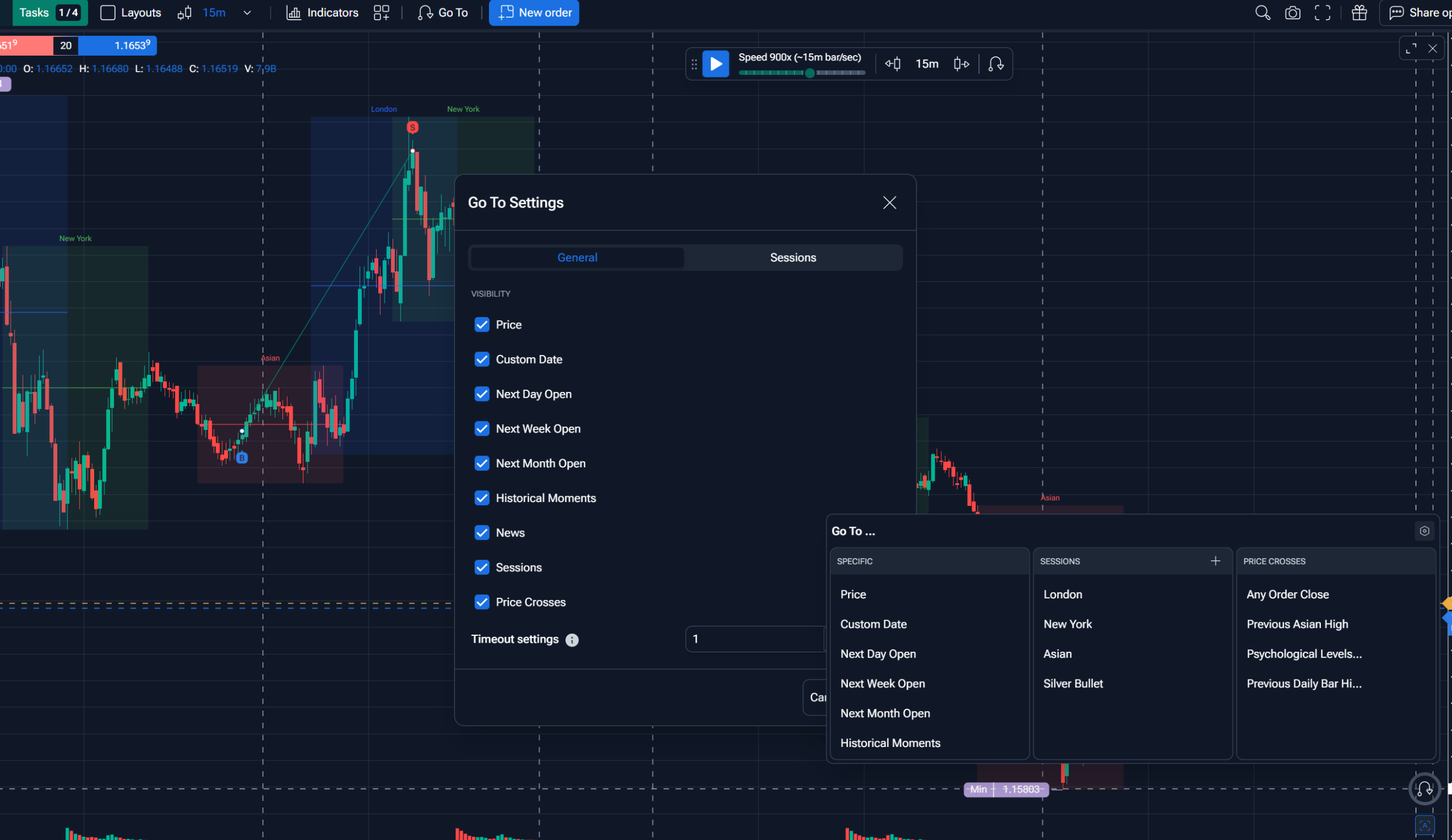 FTO Smart Navigation panel showing Jump To event types for navigating directly to high-impact news moments in backtesting 