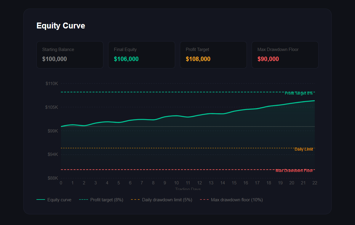 Your equity curve should look like this in Forex Tester Online before you pay for a $100K challenge Forex Tester Online Profit Chart showing a stable upward equity curve from a completed prop challenge simulation