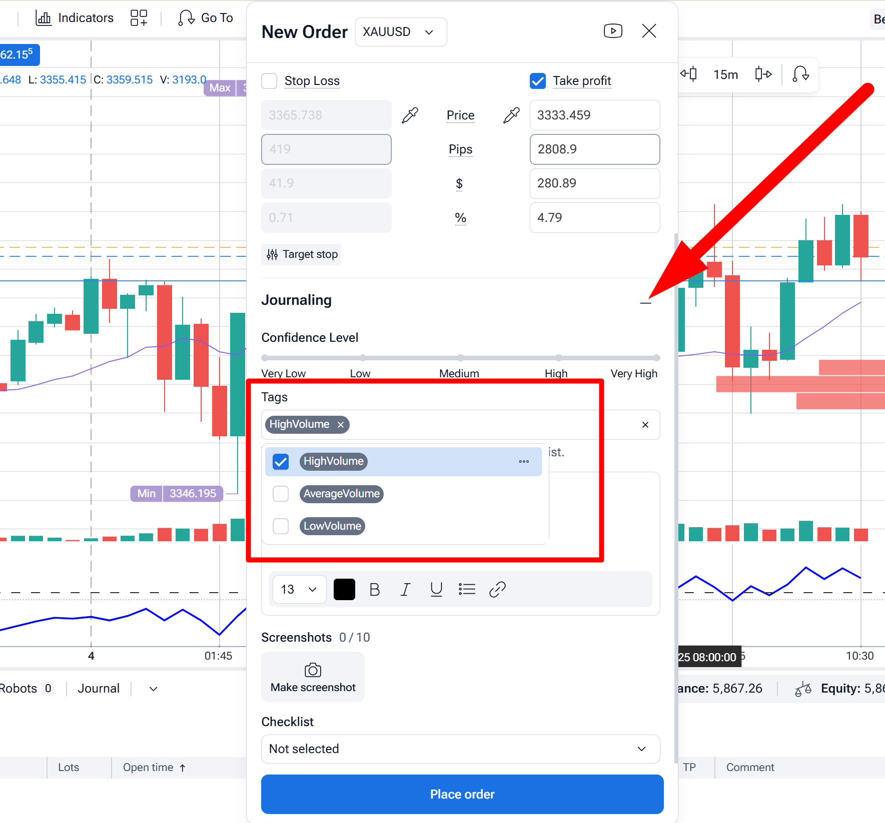 Forex Tester Online trade entry dialog showing tag fields where a trader has assigned vol-high and london-open labels to a trade