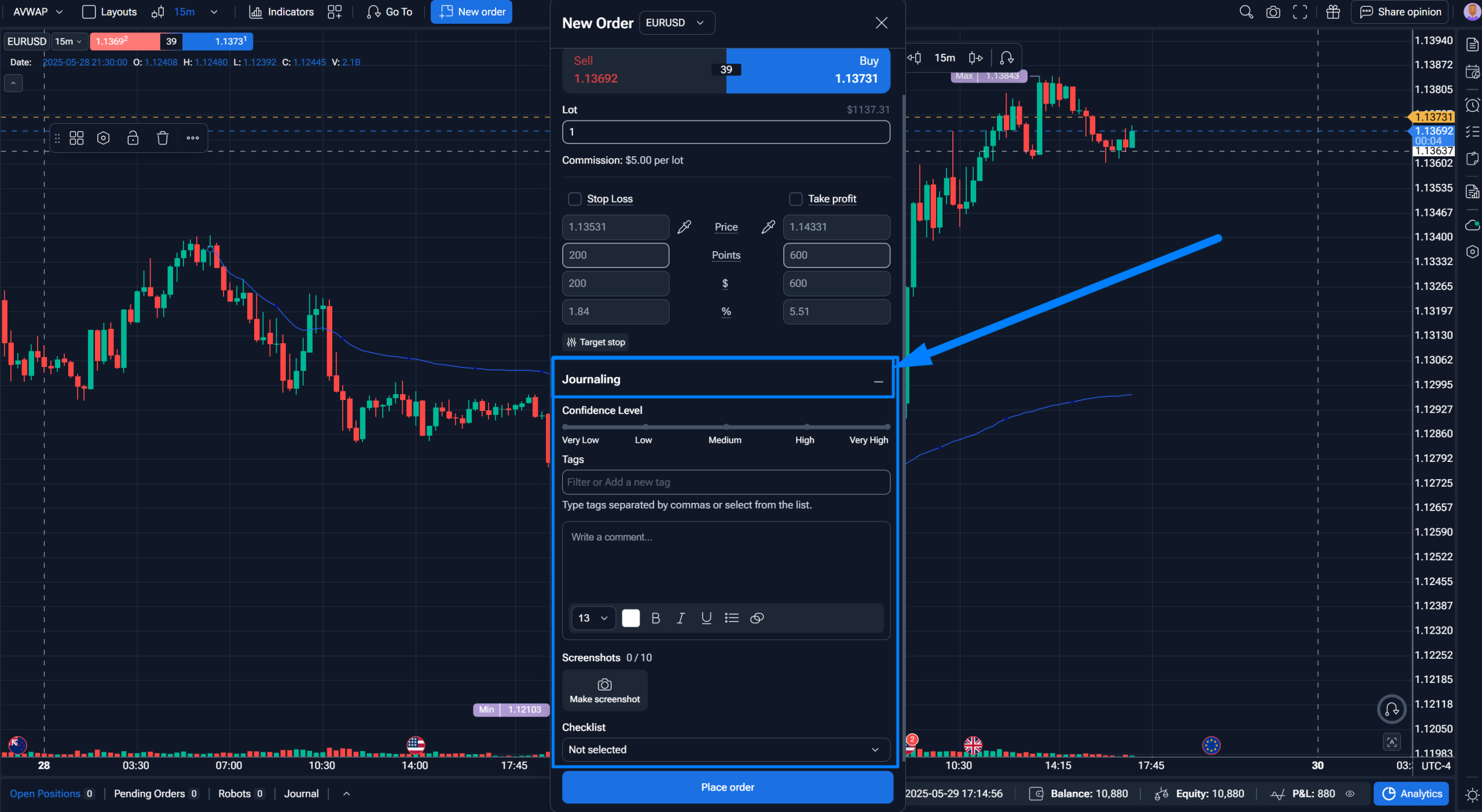 Forex Tester Online trade journal showing tagged trades with notes during backtesting session