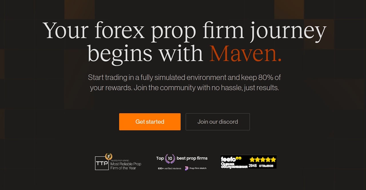 Promotional banner for Maven prop firm – simulated trading and up to 80% profit share