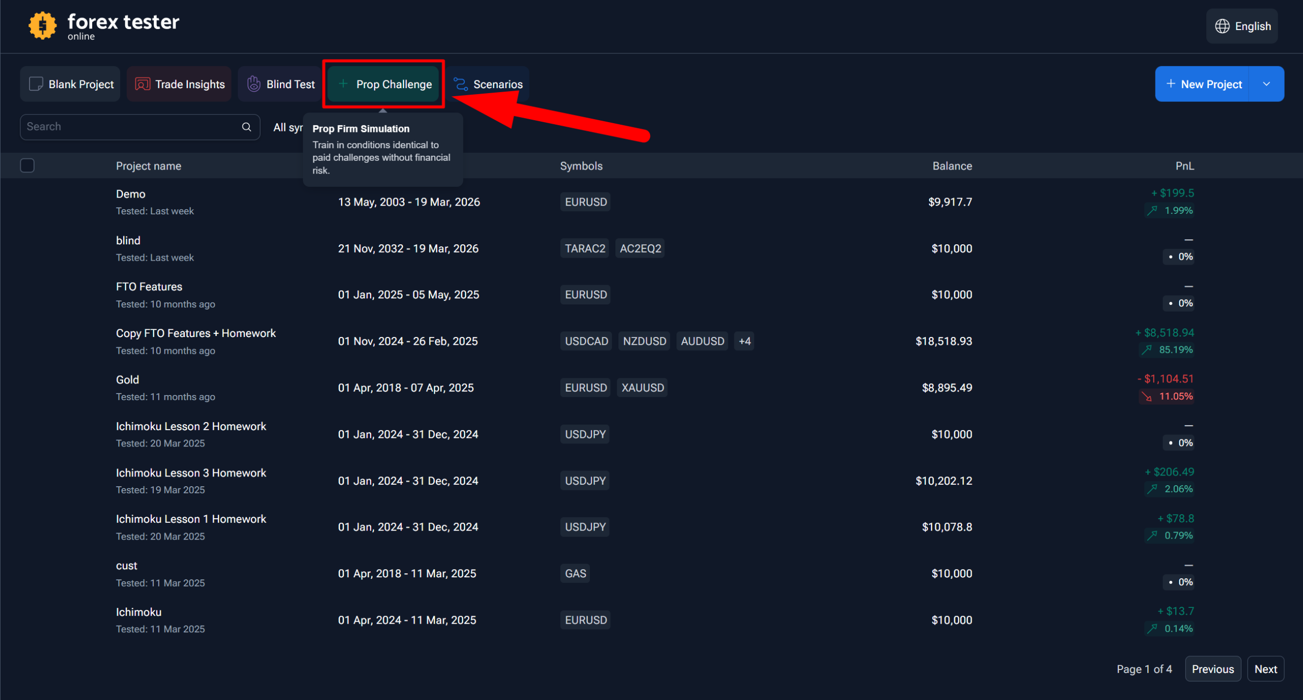 Prop Challenge tab in Forex Tester Online dashboard