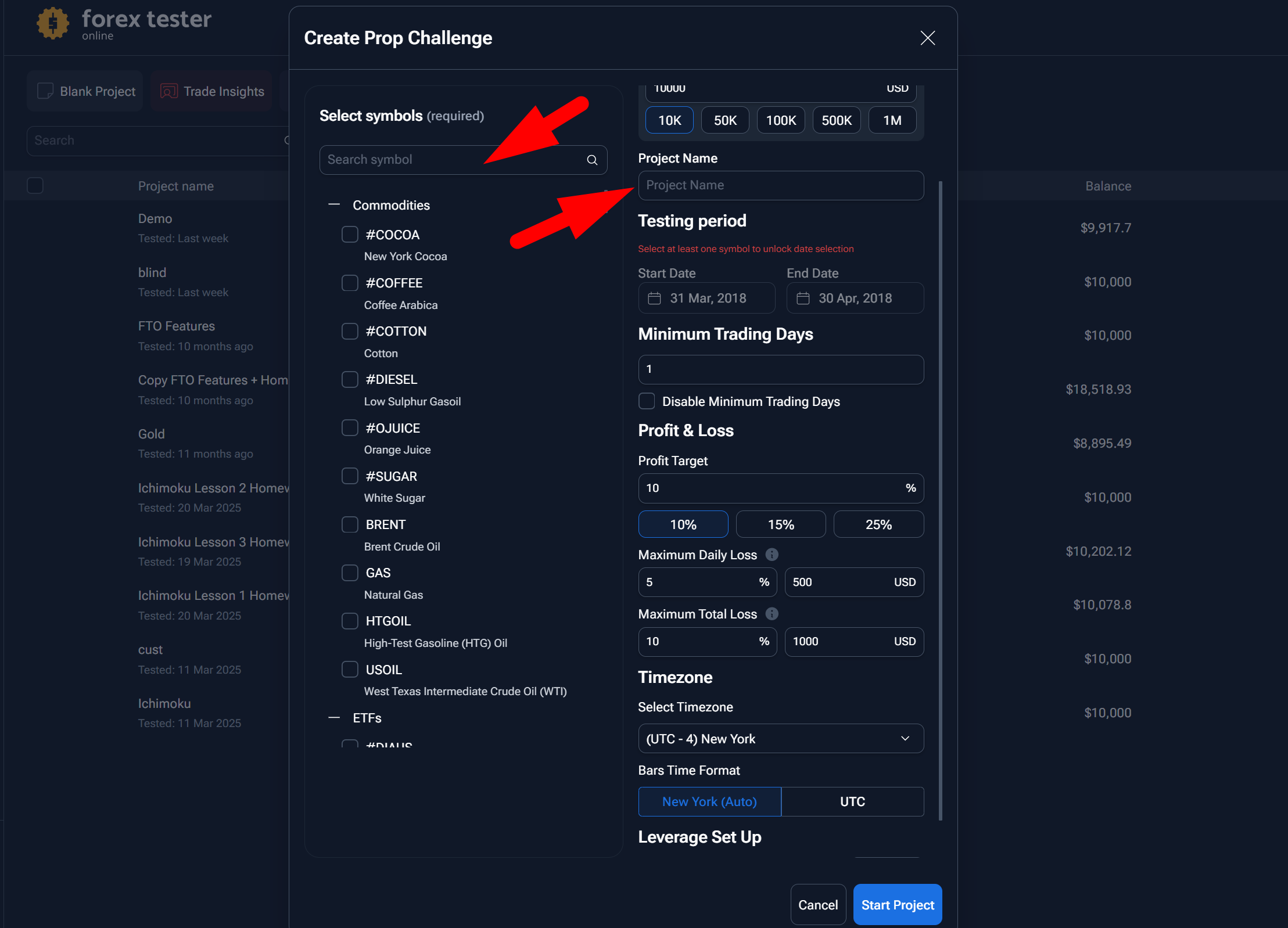 Create Prop Challenge setup screen in Forex Tester Online