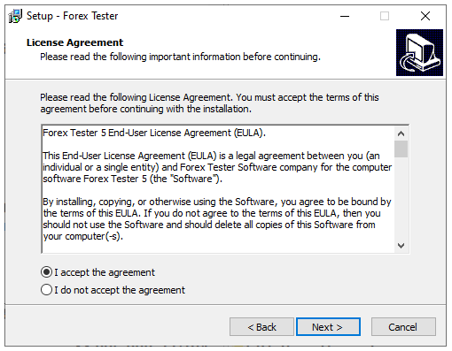 One of the steps of the Forex Tester's installation