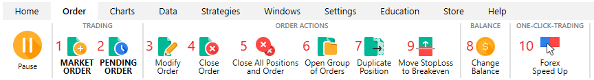 Forex Tester: How to place orders from the main toolbar